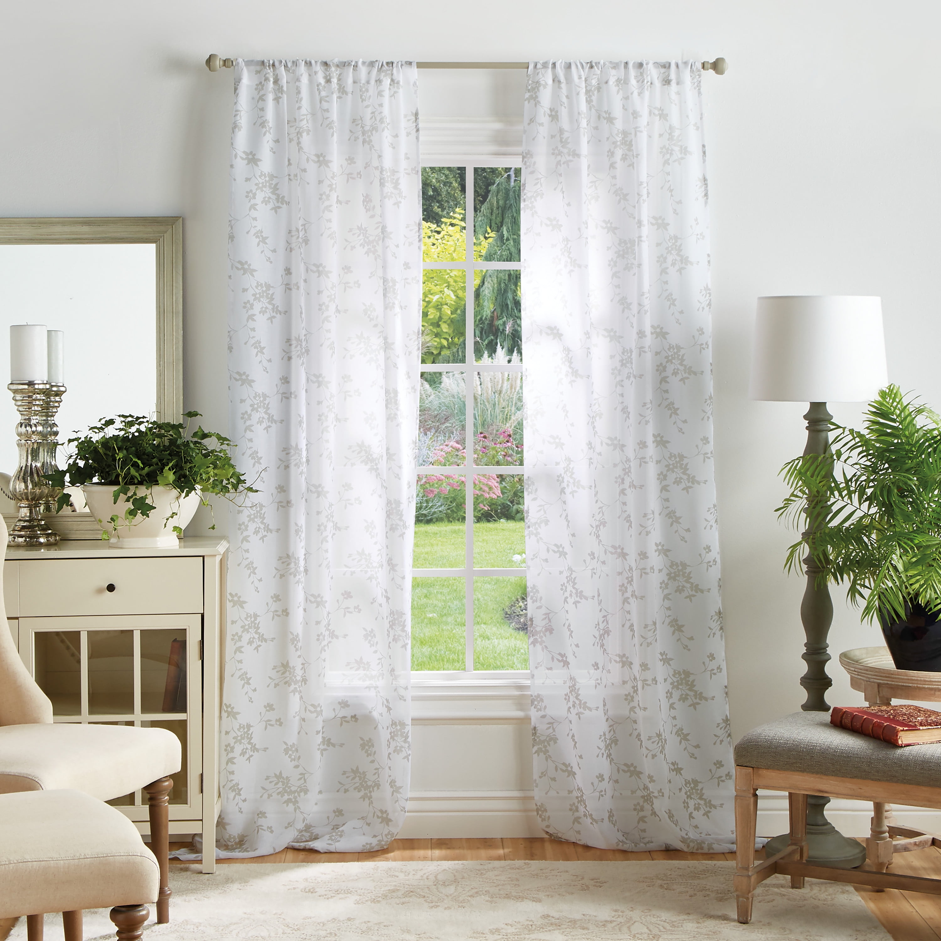 Bellefield Floral Sheer 95" Linen Rod Pocket Curtain Panels