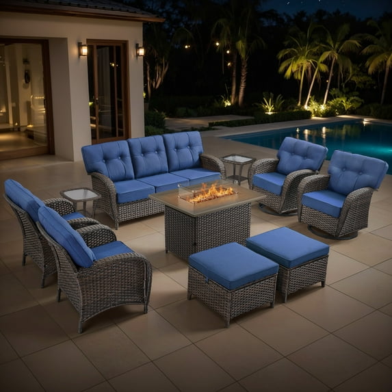 Bellefurn 10 Pieces Outdoor Patio Furniture Set with Fire Pit Table,Swivel Glider Chair,Sectional Sofas,PE Wicker Rattan Patio Conversation Sets for Porch Balcony Patio Deck