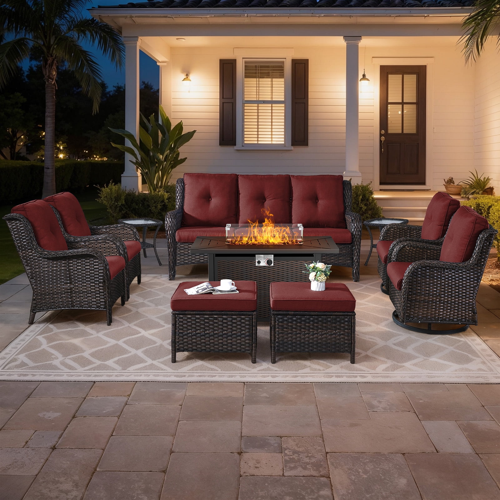 Bellefurn 10 Pieces Patio Furniture Sets with Fire Pit Table and Swivel Rocker,High-Back Rattan Patio Outdoor Conversation Set with 3-Seat Sofa,Ottoman & Side Table for Porch Backyard