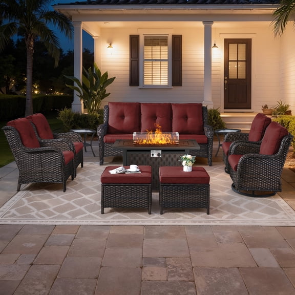Bellefurn 10 Pieces Patio Furniture Sets with Fire Pit Table and Swivel Rocker,High-Back Rattan Patio Outdoor Conversation Set with 3-Seat Sofa,Ottoman & Side Table for Porch Backyard