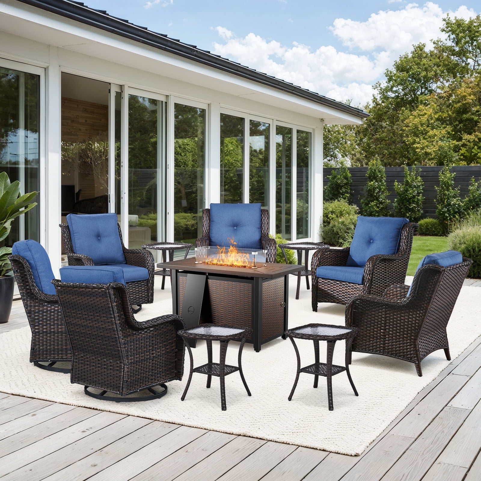 Bellefurn 11 Pieces Patio Furniture Sets with Fire Pit and Swivel Rocker Chairs,Outdoor Furniture with Fire Pit and Side Table Outdoor Conversation Set for Porch Deck Backyard Poolside