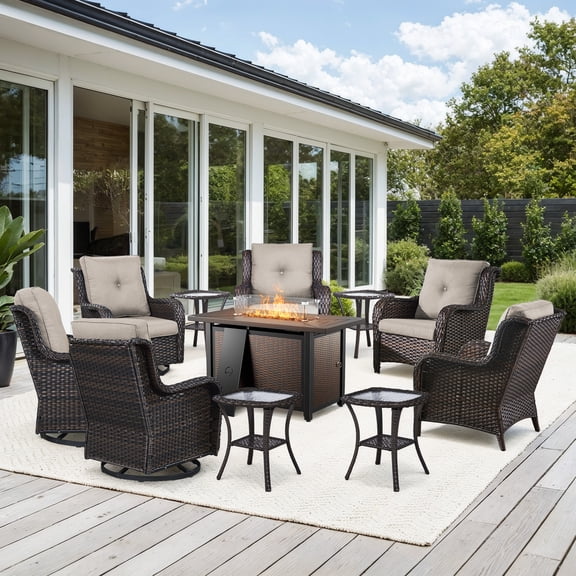 Bellefurn 11 Pieces Patio Furniture Sets with Fire Pit and Swivel Rocker Chairs,Outdoor Furniture with Fire Pit and Side Table Outdoor Conversation Set for Porch Deck Backyard Poolside