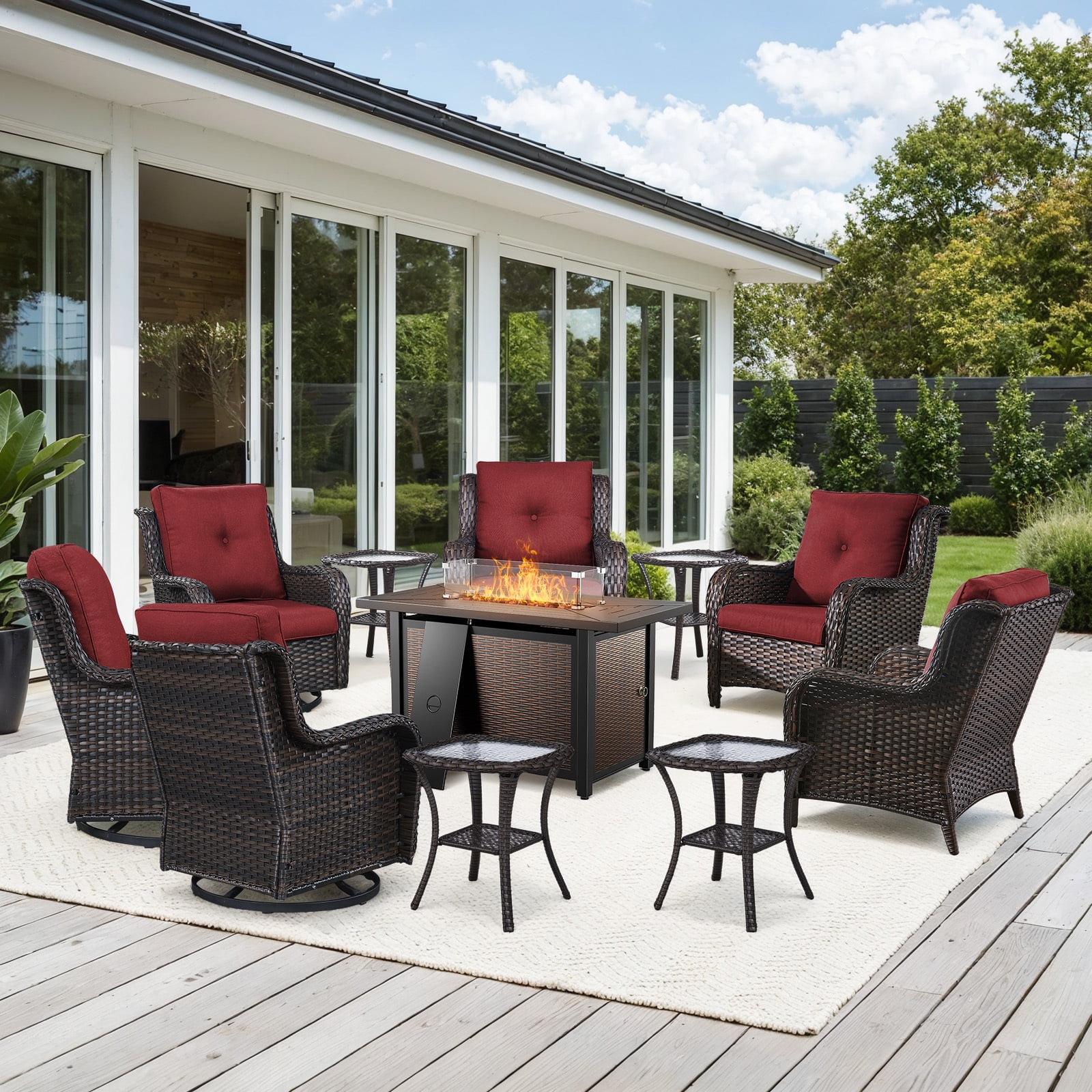Bellefurn 11 Pieces Patio Furniture Sets with Fire Pit and Swivel Rocker Chairs,Outdoor Furniture with Fire Pit and Side Table Outdoor Conversation Set for Porch Deck Backyard Poolside