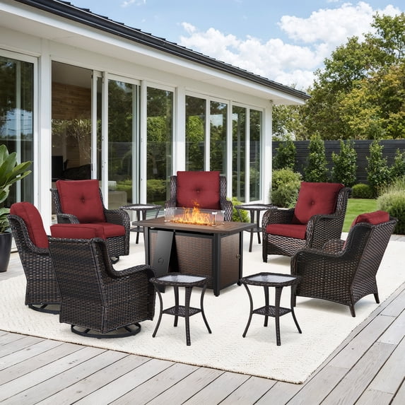 Bellefurn 11 Pieces Patio Furniture Sets with Fire Pit and Swivel Rocker Chairs,Outdoor Furniture with Fire Pit and Side Table Outdoor Conversation Set for Porch Deck Backyard Poolside