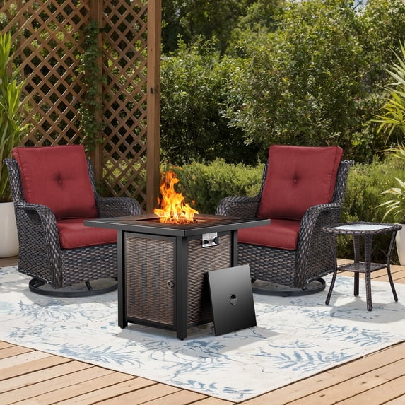Bellefurn 4 Pieces Patio Furniture Sets with Fire Pit and Swivel Rocker Chairs,Outdoor Furniture with Fire Pit and Side Table Outdoor Conversation Set for Porch Deck Backyard Poolside