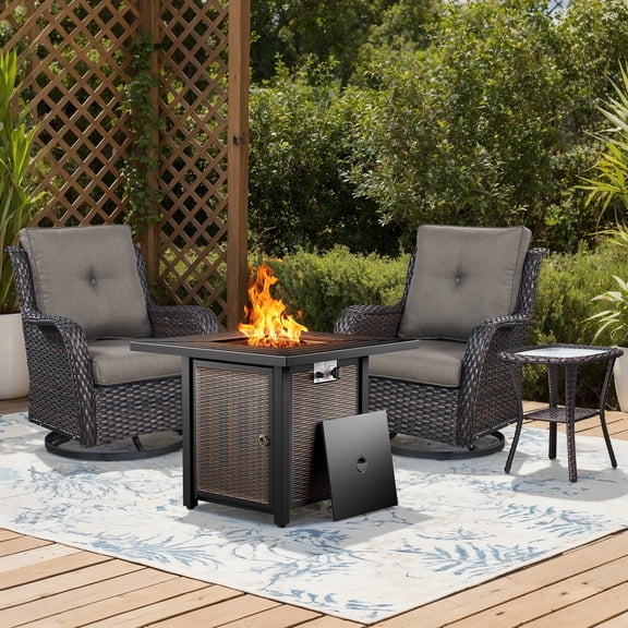 Bellefurn 4 Pieces Patio Furniture Sets with Fire Pit and Swivel Rocker Chairs,Outdoor Furniture with Fire Pit and Side Table Outdoor Conversation Set for Porch Deck Backyard Poolside