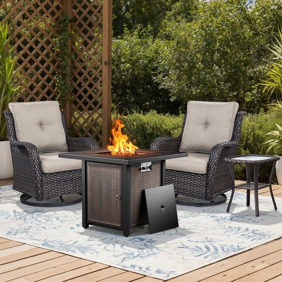 Bellefurn 4 Pieces Patio Furniture Sets with Fire Pit and Swivel Rocker Chairs,Outdoor Furniture with Fire Pit and Side Table Outdoor Conversation Set for Porch Deck Backyard Poolside