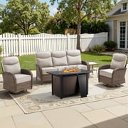 Bellefurn 5-Piece Outdoor Patio Furniture Set with 43" Fire Pit Table, High Back Swivel Rocker Chairs, 6" Thick Cushions,Wicker Outdoor Conversation Set, Sofa a