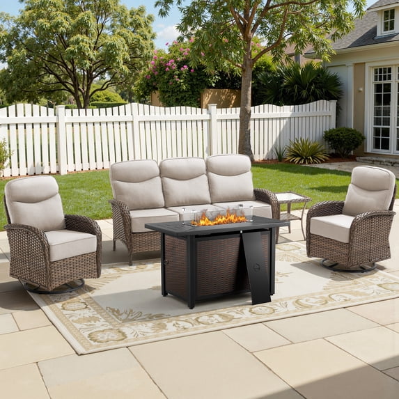 Bellefurn 5-Piece Outdoor Patio Furniture Set with 43" Fire Pit Table, High Back Swivel Rocker Chairs, 6" Thick Cushions,Wicker Outdoor Conversation Set, Sofa and Side Table for Porch, Deck, Backyard