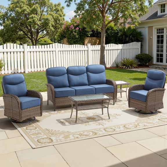 Bellefurn 5-Piece Outdoor Patio Furniture Set with High Back Swivel Rocker Chairs, 6" Thick Cushions, All-Weather Wicker Outdoor Conversation Set, Sofa and Coffee Table for Porch, Deck, Backyard