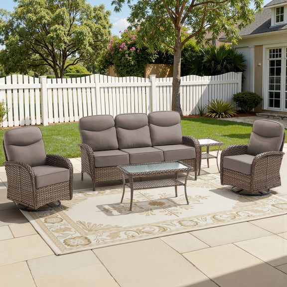Bellefurn 5-Piece Outdoor Patio Furniture Set with High Back Swivel Rocker Chairs, 6" Thick Cushions, All-Weather Wicker Outdoor Conversation Set, Sofa and Coffee Table for Porch, Deck, Backyard