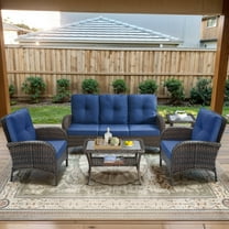 Bellefurn 5 Piece Patio Furniture Set with Fire Pit Table,Patio Conversation Set 3-Seat Outdoor Sofa with 2 Wicker Swivel Chairs & Coffee Table