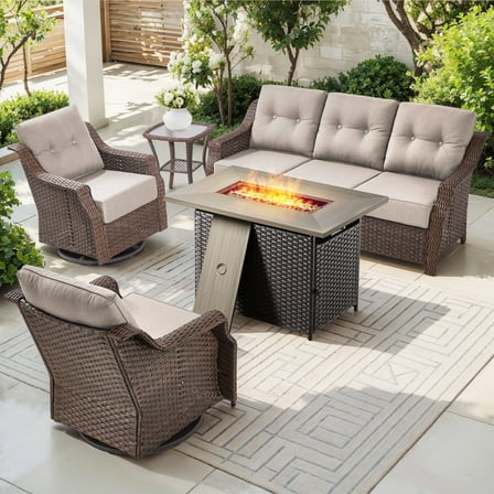 Bellefurn Outdoor Patio Furniture Set with Fire Pit and Swivel Rocker Chair,High-Back Wicker Outdoor Conversation Sets with 3 Seater Couch and Side Table Set for Porch,Deck,Garden