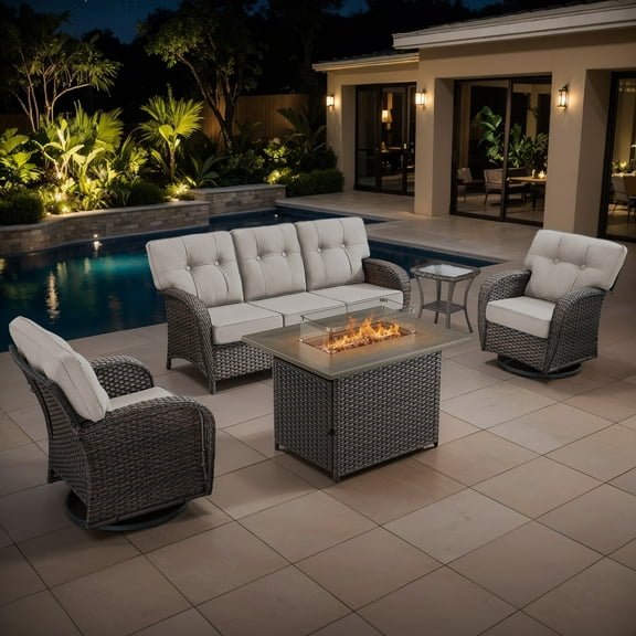 Bellefurn 5 Pieces Outdoor Patio Furniture Set with Fire Pit Table,Swivel Glider Chair,Sectional Sofas,PE Wicker Rattan Patio Conversation Sets for Porch Balcony Patio Deck