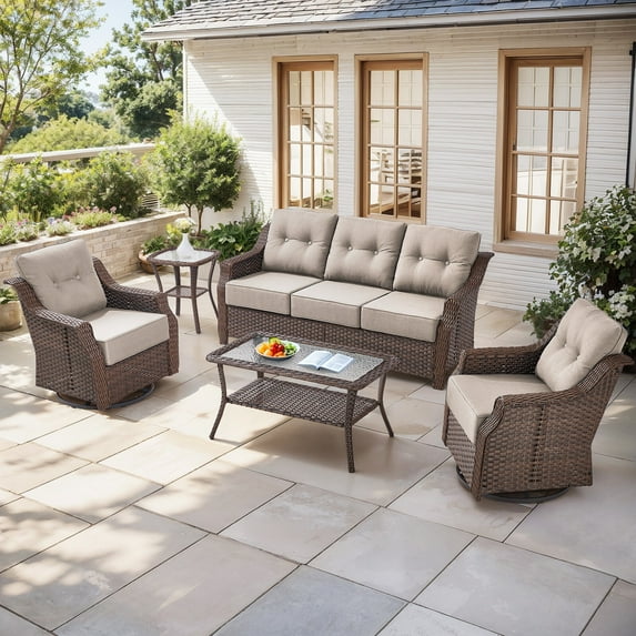 Bellefurn Luxury High Back Outdoor Furniture Set with 6 inch Thick Cushion,Patio Furniture Set with Swivel Rocker Chair,Sofa and Coffee Table,5 PCS Wicker Conversation Set for Porch,Deck,Garden