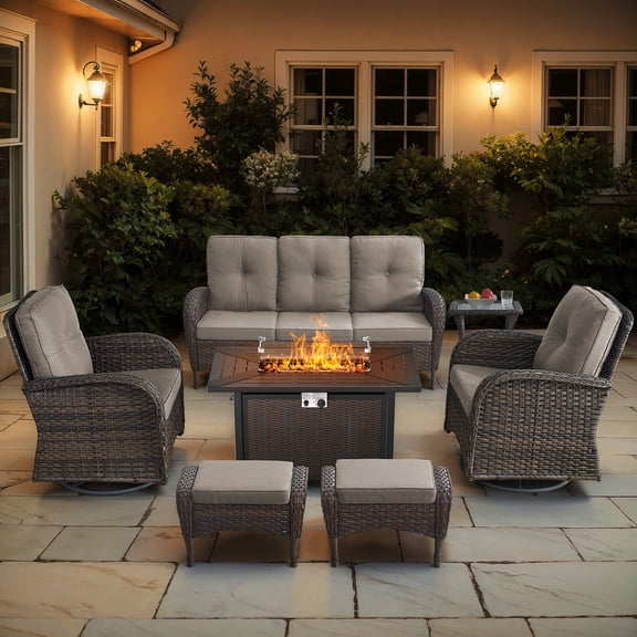 Bellefurn 5 Pieces Patio Furniture Sets with Fire Pit Table,Swivel Rocker Chairs and Rattan Sofa,Outdoor Conversation Set with for Porch Deck Backyard Poolside