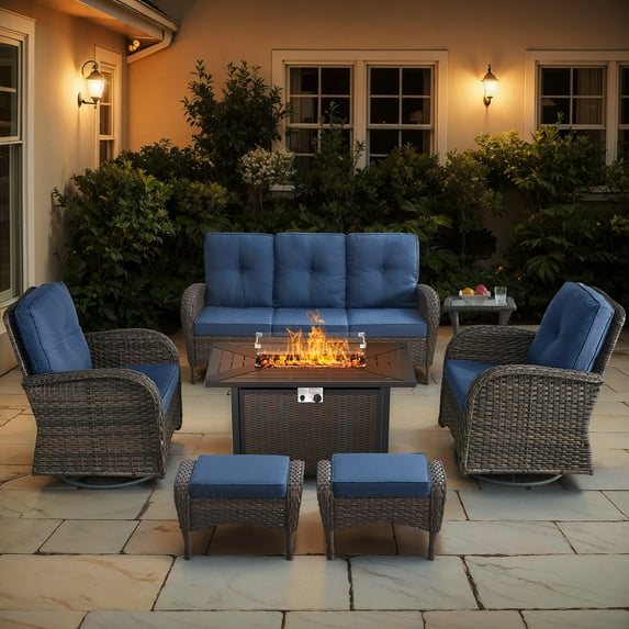 Bellefurn 5 Pieces Patio Furniture Sets with Fire Pit Table,Swivel Rocker Chairs and Rattan Sofa,Outdoor Conversation Set with for Porch Deck Backyard Poolside