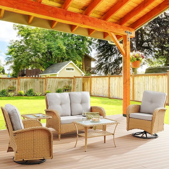Bellefurn 5 Pieces Outdoor Patio Furniture Sets with Swivel Rocker Chairs Rattan Glider Loveseat and Coffee Table,Wicker Outdoor Conversation Sets for Porch Deck Backyard Poolside