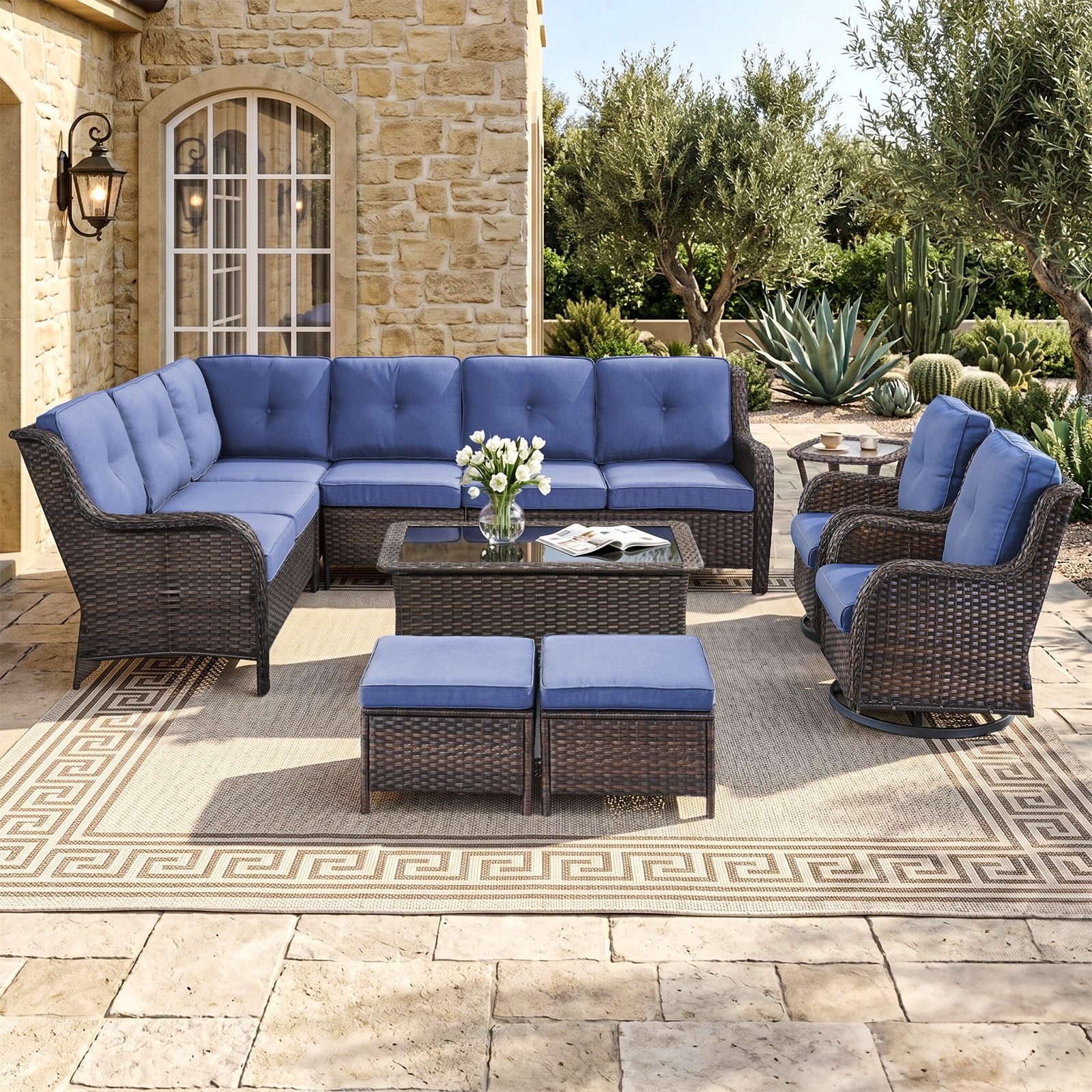 Bellefurn 7 Piece Outdoor Wicker Patio Furniture Set with Swivel Rocking Chairs,Outdoor Sectional Sofa Set L-Shaped Sectional Sofa with Ottomans,Rattan Conversation Set for Backyard Porch Garden