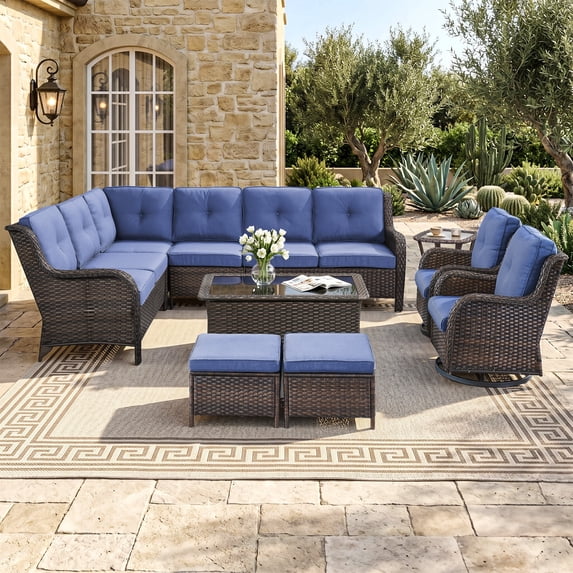 Bellefurn 7 Piece Outdoor Wicker Patio Furniture Set with Swivel Rocking Chairs,Outdoor Sectional Sofa Set L-Shaped Sectional Sofa with Ottomans,Rattan Conversation Set for Backyard Porch Garden