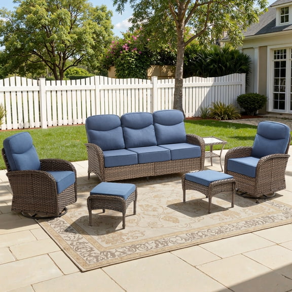 Bellefurn 6-Piece Luxury Patio Furniture Sets with 6-Inch Thick Cushions,High Back Wicker Swivel Rocker Patio Chairs,Outdoor Couch and Ottomans,All-Weather Conversation Set for Porch Deck Yard Pool