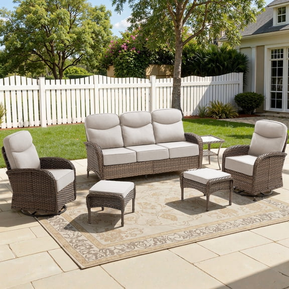 Bellefurn 6-Piece Luxury Patio Furniture Sets with 6-Inch Thick Cushions,High Back Wicker Swivel Rocker Patio Chairs,Outdoor Couch and Ottomans,All-Weather Conversation Set for Porch Deck Yard Pool