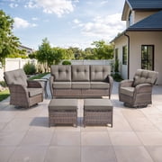 Bellefurn Luxury 6 Piece Outdoor Patio Wicker Furniture Sets with Swivel Rocker Patio Chairs,Sofa and Ottomans,High Back Outdoor Conversation Set for Porch Balc