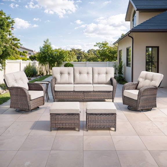 Bellefurn Luxury 6 Piece Outdoor Patio Wicker Furniture Sets with Swivel Rocker Patio Chairs,Sofa and Ottomans,High Back Outdoor Conversation Set for Porch Balcony Deck