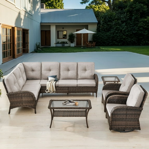 Bellefurn 6 Piece Patio Furniture Set with Swivel Rocker,Outdoor Wicker Sectional Sofa L Shaped Couch with Swivel Glider Rocking Chairs,Patio High Back Conversation Set for Deck,Backyard,Porch