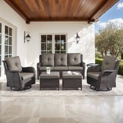 Bellefurn 6 Pieces Outdoor Patio Furniture Sets with Swivel Rocker Chairs,3-Seat Sofa and Ottoman High-Back Rattan Patio Conversation Sets for Porch Deck Backya