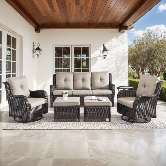Bellefurn 6 Pieces Outdoor Patio Furniture Sets with Swivel Rocker Chairs,3-Seat Sofa and Ottoman High-Back Rattan Patio Conversation Sets for Porch Deck Backyard Poolside