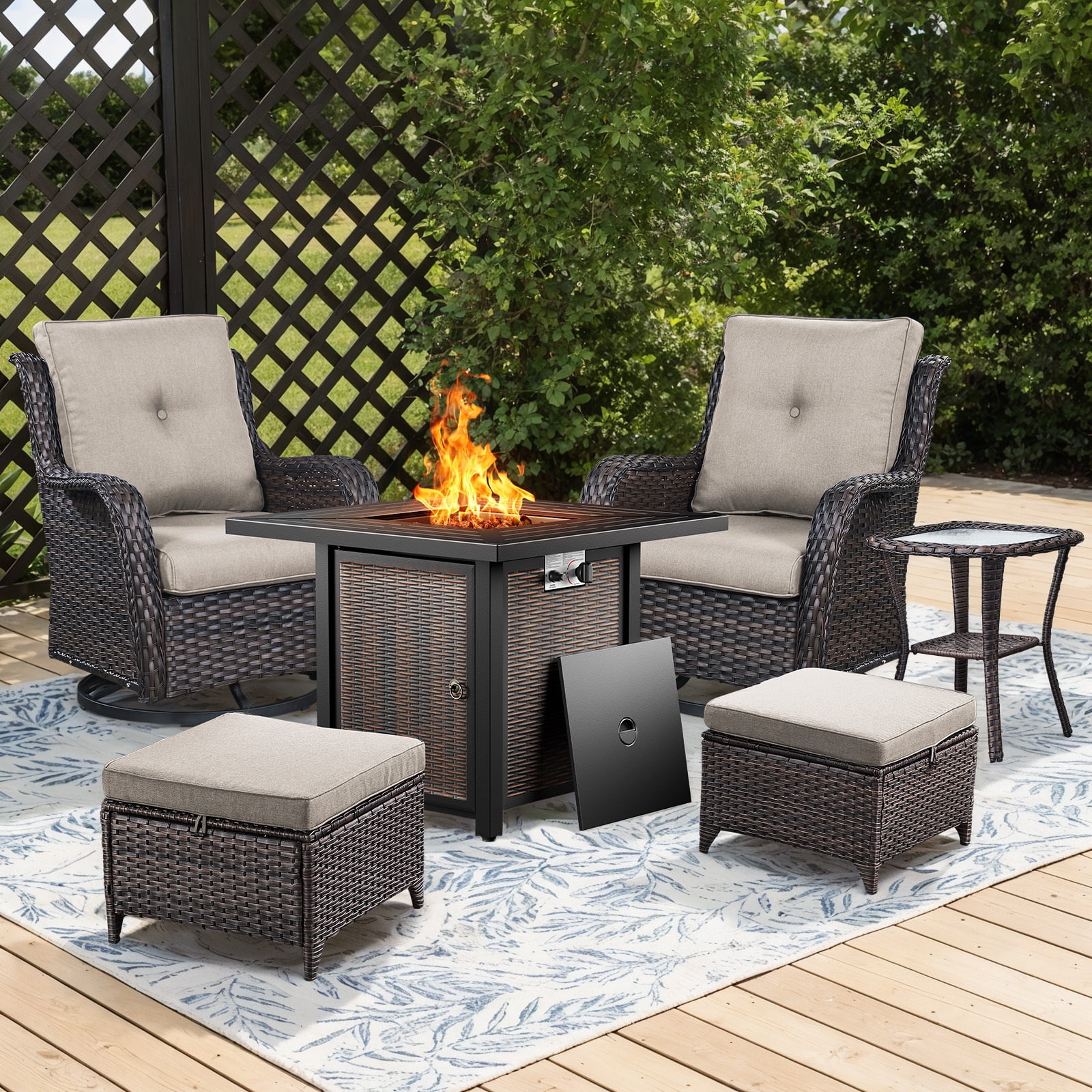 Bellefurn 6 Pieces Patio Furniture Sets with Fire Pit and Swivel Rocker Chairs,Outdoor Furniture with Fire Pit & Ottoman Outdoor Conversation Set for Porch Deck Backyard Poolside