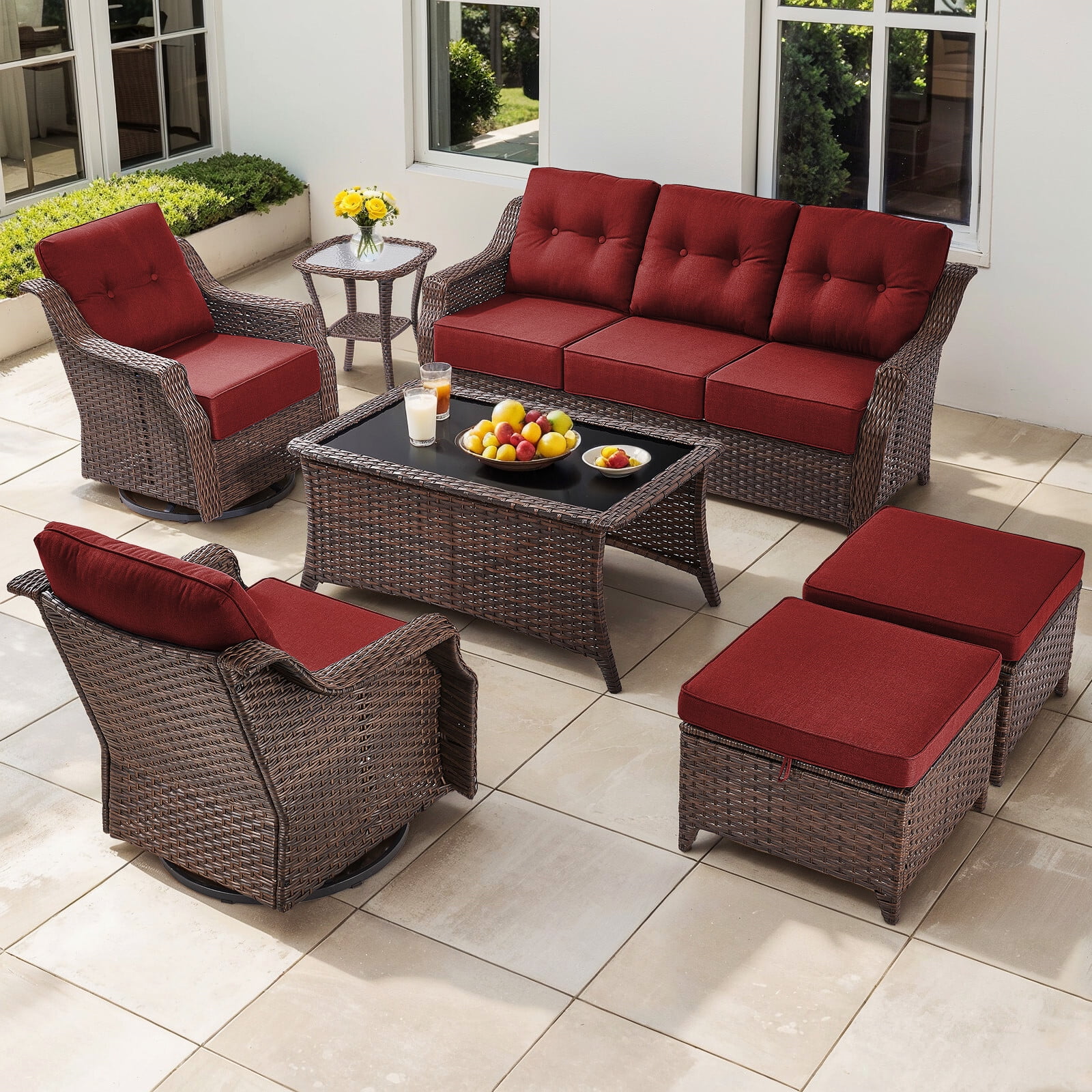 Bellefurn Outdoor Patio Furniture Set with 6 inch Thick Cushion and Swivel Rocker Chairs,Wicker Sofa,Coffee Table and Ottomans,7Pcs Outdoor Conversation Set for Porch,Deck,Yard
