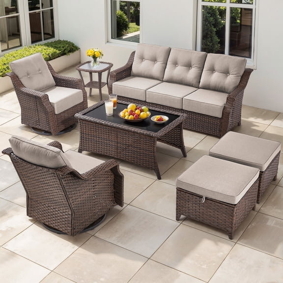Bellefurn Outdoor Patio Furniture Set with 6 inch Thick Cushion and Swivel Rocker Chairs,Wicker Sofa,Coffee Table and Ottomans,7Pcs Outdoor Conversation Set for Porch,Deck,Yard