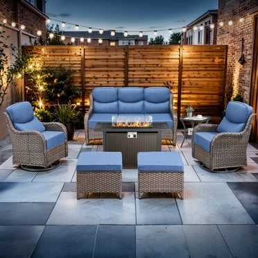 Bellefurn Luxury 7 Pieces Outdoor Patio Furniture Set with Fire Pit Table,Swivel Chairs with 6" Thick Cushion,Sofa and Ottomans,Patio Conversation Sets for Porch Deck Garden Backyard
