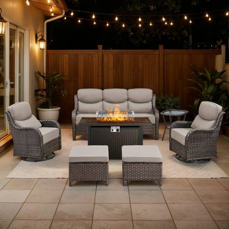 Bellefurn Luxury 7 Pieces Patio Furniture Sets with Fire Pit Table,Swivel Chairs with 6" Thick Cushion,Sofa and Ottomans,Patio Conversation Sets for Porch Deck Garden Backyard