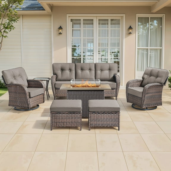 Bellefurn 7 Pieces Outdoor Patio Furniture Set with Fire Pit Table,Swivel Glider Chair,Sectional Sofas,PE Wicker Rattan Patio Conversation Sets for Porch Balcony Patio Deck