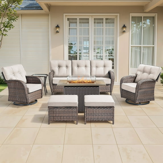 Bellefurn 7 Pieces Outdoor Patio Furniture Set with Fire Pit Table,Swivel Glider Chair,Sectional Sofas,PE Wicker Rattan Patio Conversation Sets for Porch Balcony Patio Deck