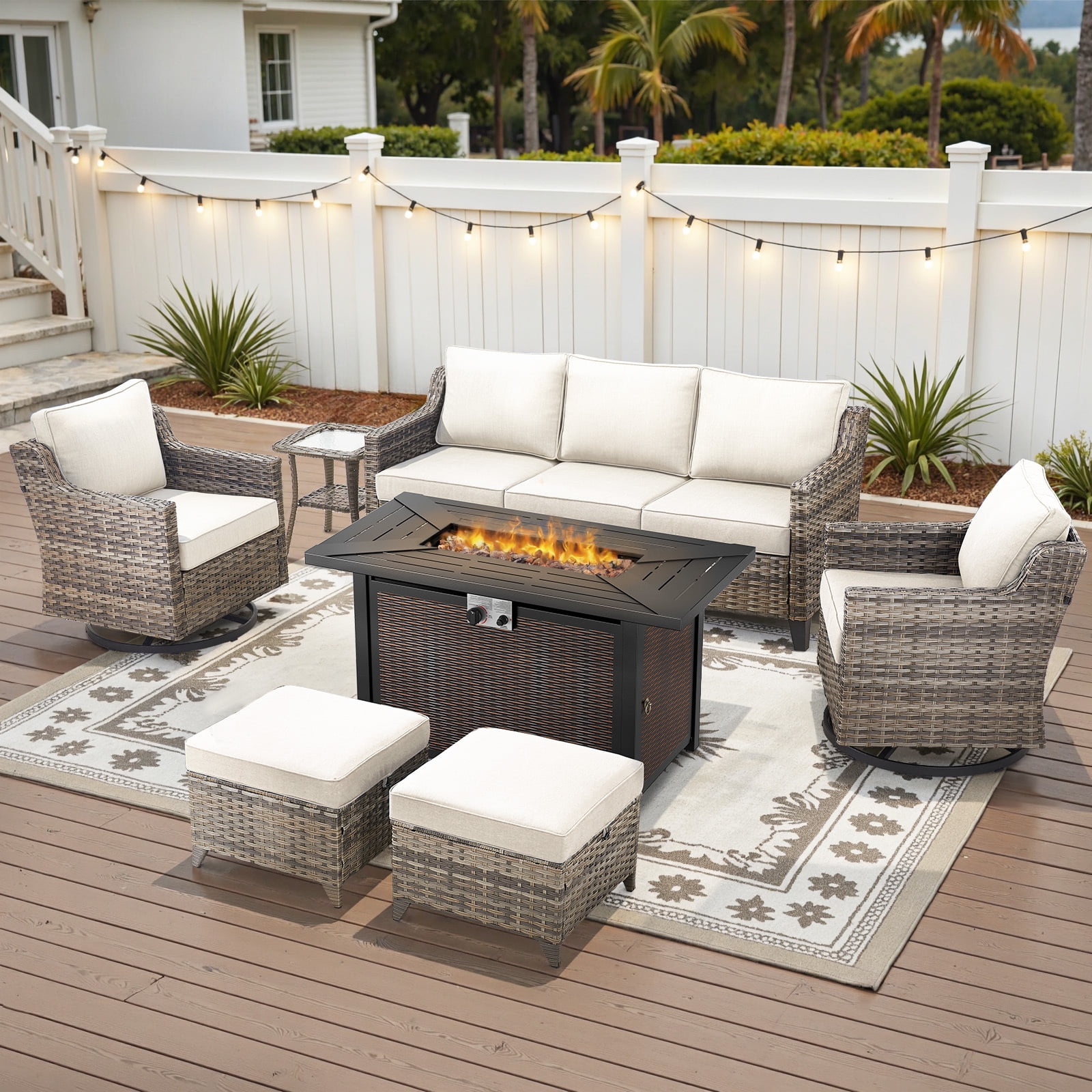 Bellefurn 7 Pieces Patio Furniture Set with 43" Fire Pit Table,All Weather Wicker Outdoor Furniture with High Back Swivel Patio Chairs and Outdoor Couch for Deck Balcony Backyard