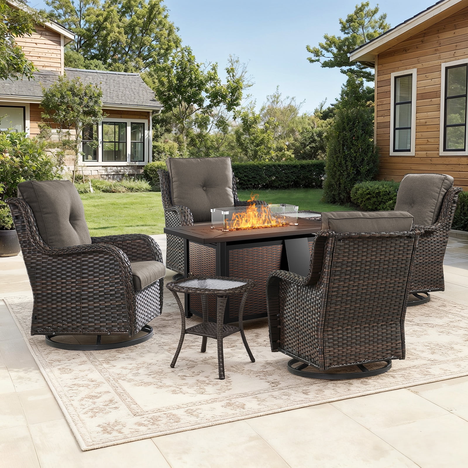 Bellefurn 7 Pieces Patio Furniture Sets with Fire Pit,High-Back Rattan Patio Outdoor Conversation Set with 4 Swivel Chairs & Coffee Table for Porch Deck Backyard Poolside