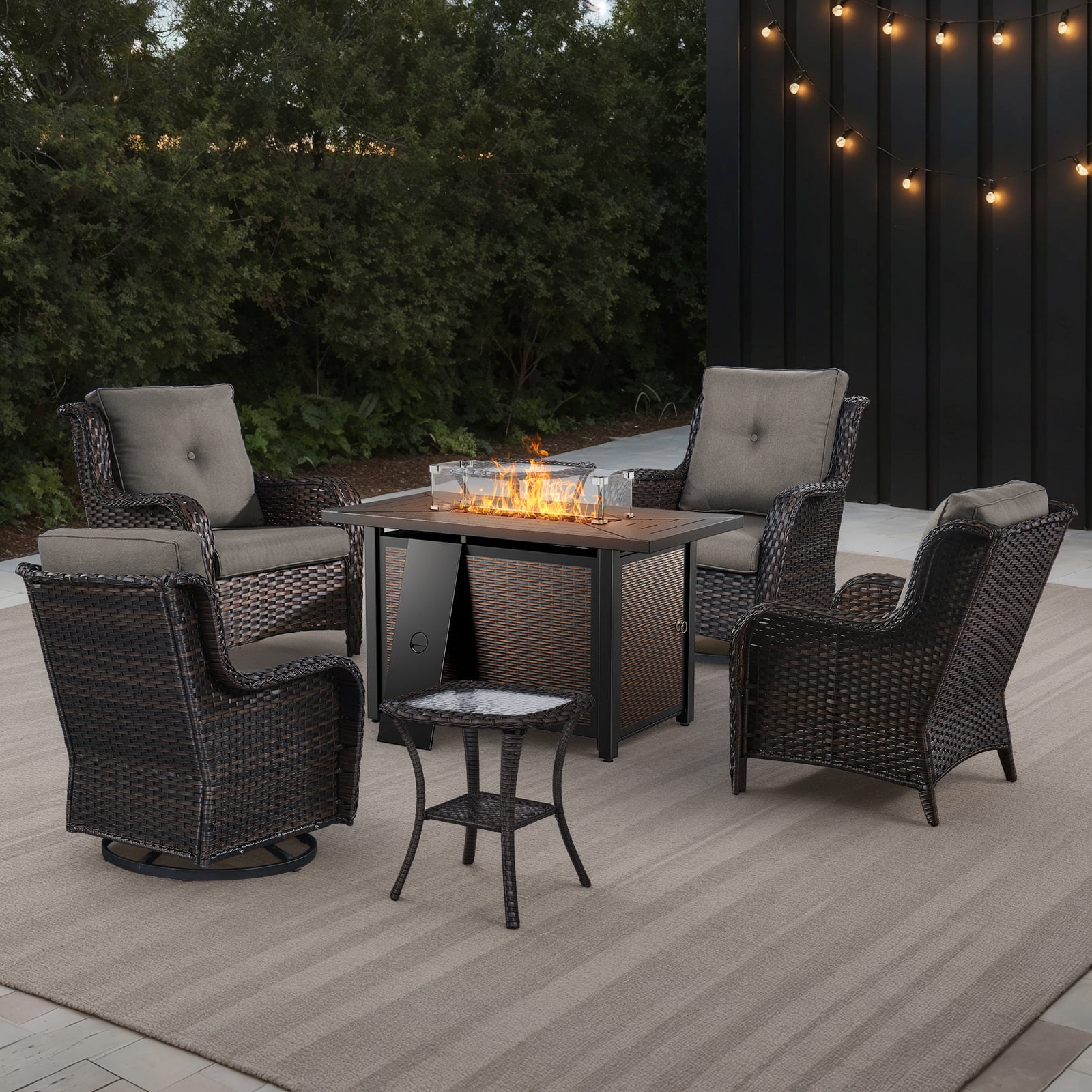 Bellefurn 7 Pieces Patio Furniture Sets with Fire Pit,High-Back Rattan Patio Outdoor Conversation Set with 4 Swivel Chairs & Coffee Table for Porch Deck Backyard Poolside