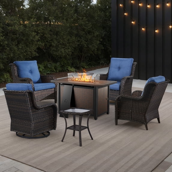Bellefurn 7 Pieces Patio Furniture Sets with Fire Pit,High-Back Rattan Patio Outdoor Conversation Set with 4 Swivel Chairs & Coffee Table for Porch Deck Backyard Poolside