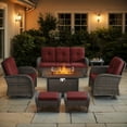 thumbnail image 1 of Bellefurn 7 Pieces Patio Furniture Sets with Fire Pit Table,Swivel Rocker Chairs,Rattan Sofa and 2 Ottomans,Outdoor Conversation Set with for Porch Deck Backyard Poolside, 1 of 14