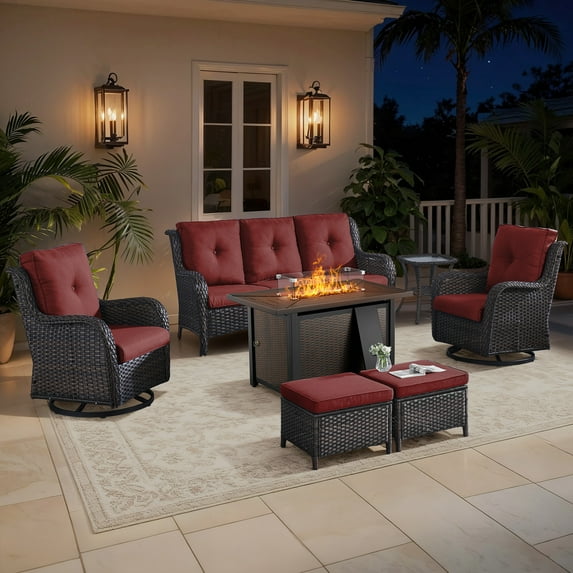 Bellefurn 7 Pieces Patio Furniture Sets with Fire Pit Table and Swivel Rocking Chairs,High-Back Rattan Patio Outdoor Conversation Set with 3-Seat Sofa,Ottoman & Side Table for Porch Backyard