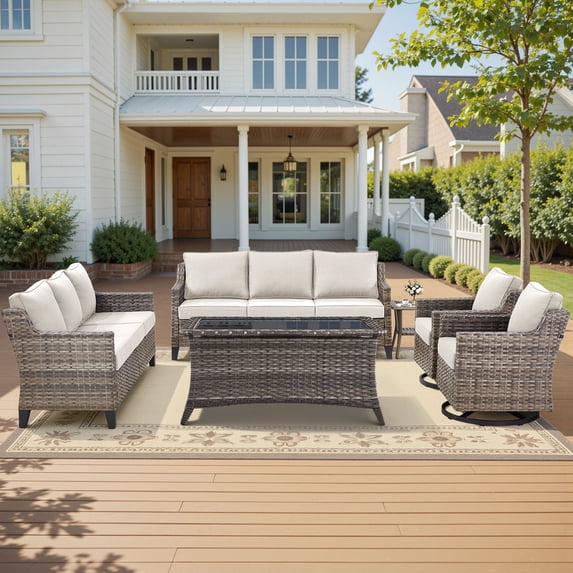Bellefurn 7 Pieces Patio Furniture Sets with Swivel Chairs,All-Weather Outdoor Conversation Sets with 2 High Back Couch,Outdoor Swivel Rocker Chairs,Coffee Tabel for Porch Deck Backyard