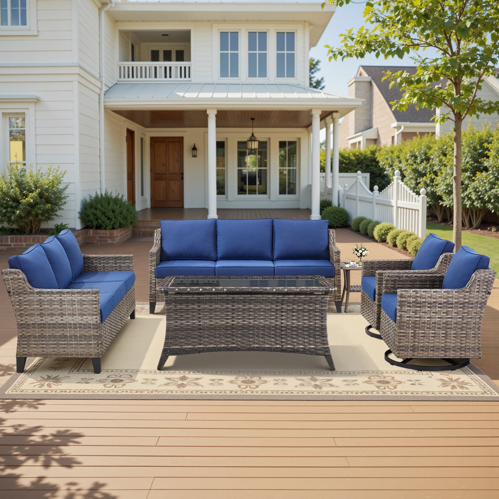 Bellefurn 7 Pieces Patio Furniture Sets with Swivel Chairs,All-Weather Outdoor Conversation Sets with 2 High Back Couch,Outdoor Swivel Rocker Chairs,Coffee Tabel for Porch Deck Backyard