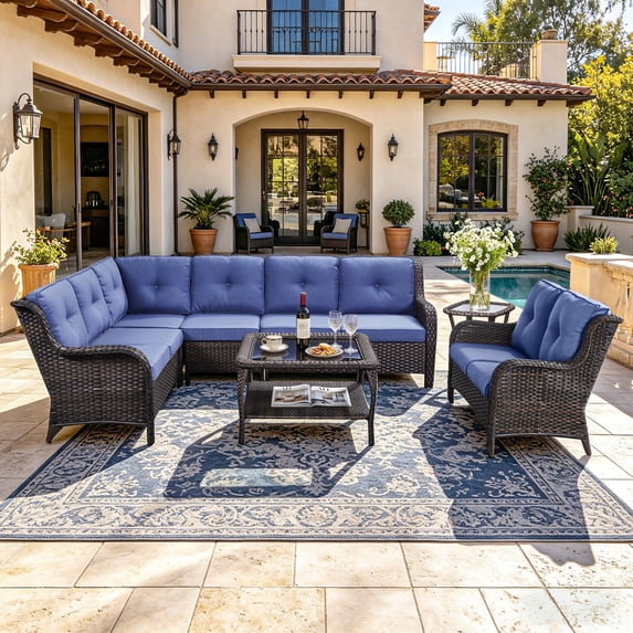 Bellefurn Outdoor Wicker Patio Furniture Set,Outdoor Wicker Sectional Sofa Set L-Shaped Sectional Sofa with Loveseat and Coffee Table,All Weather Rattan Conversation Set for Backyard Porch Garden