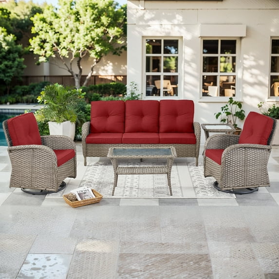 Bellefurn 5 Pieces Patio Furniture Sets with Outdoor Swivel Rocker Chairs Rattan 3-Seater Sofa and Coffee Table,Outdoor Conversation Set for Porch Deck Backyard Poolside