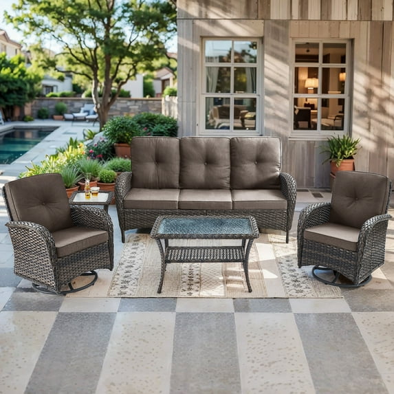 Bellefurn 5 Pieces Patio Furniture Sets with Outdoor Swivel Rocker Chairs Rattan 3-Seater Sofa and Coffee Table,Outdoor Conversation Set for Porch Deck Backyard Poolside