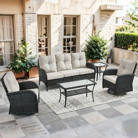 Bellefurn 5 Pieces Patio Furniture Sets with Outdoor Swivel Rocker Chairs Rattan 3-Seater Sofa and Coffee Table,Outdoor Conversation Set for Porch Deck Backyard Poolside
